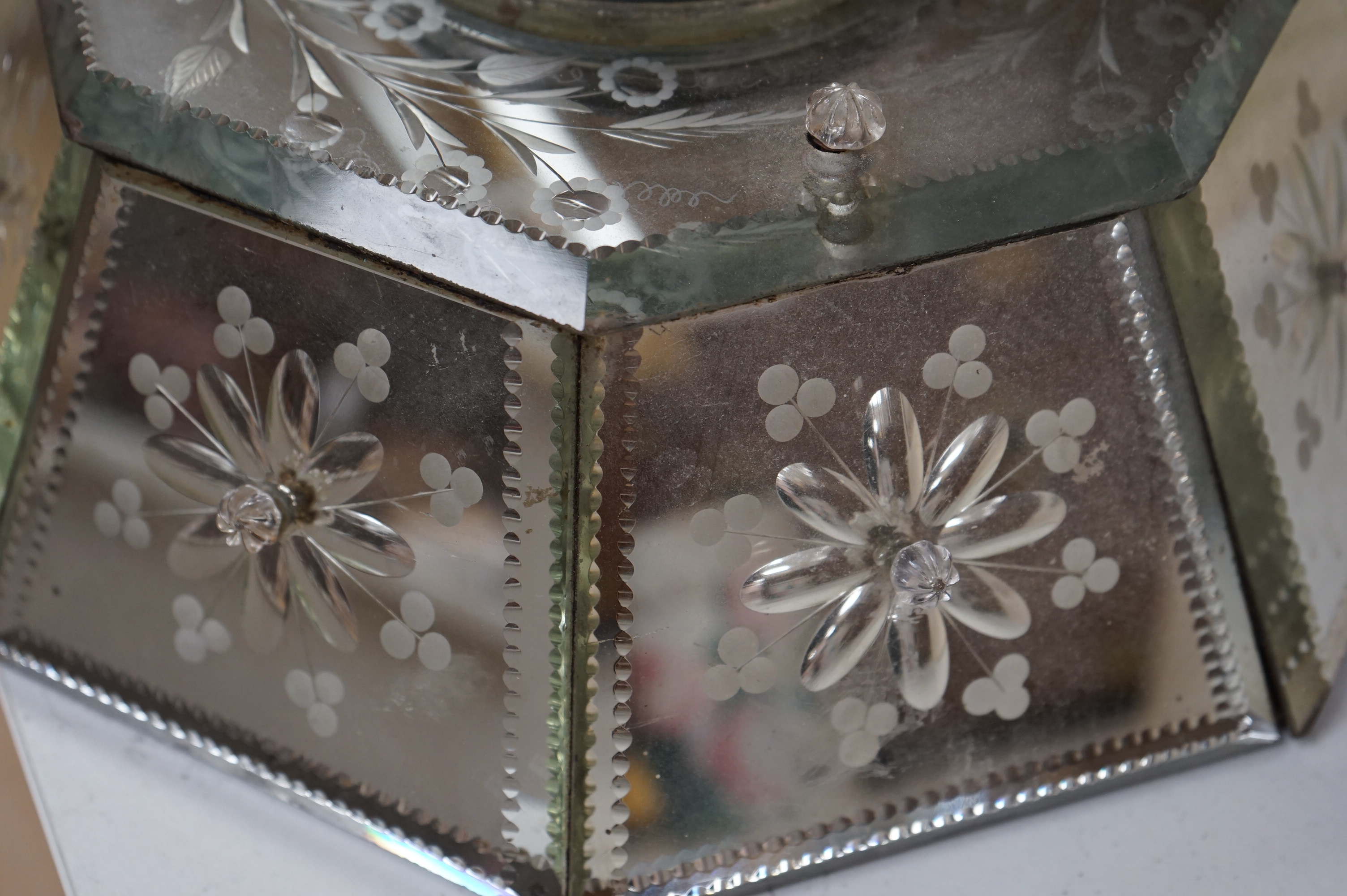 An early 20th century Venetian wheel engraved and mirrored glass octagonal wall clock, 30cm. Condition - fair to good, not tested